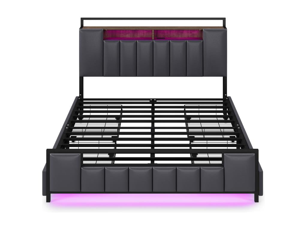 Adult bed 140x200 cm in faux leather - with LED and USB port - 4 drawers - iron frame - Grey