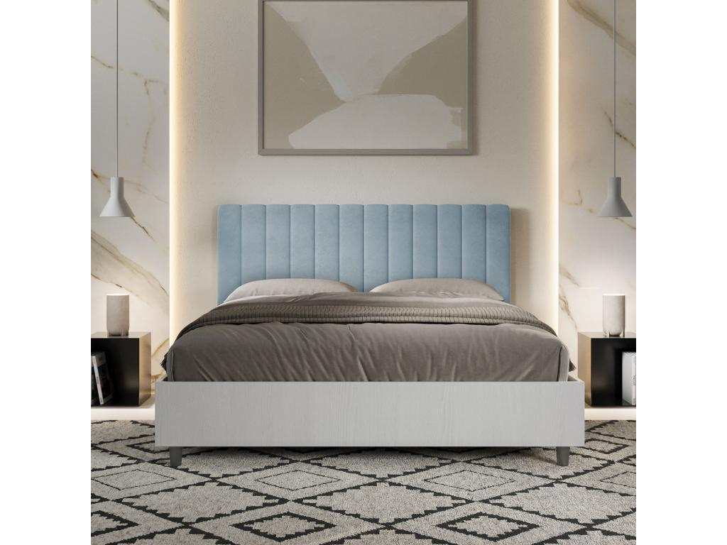 Bed with slatted base 160x200 white ash frame light blue microfiber headboard Homzora