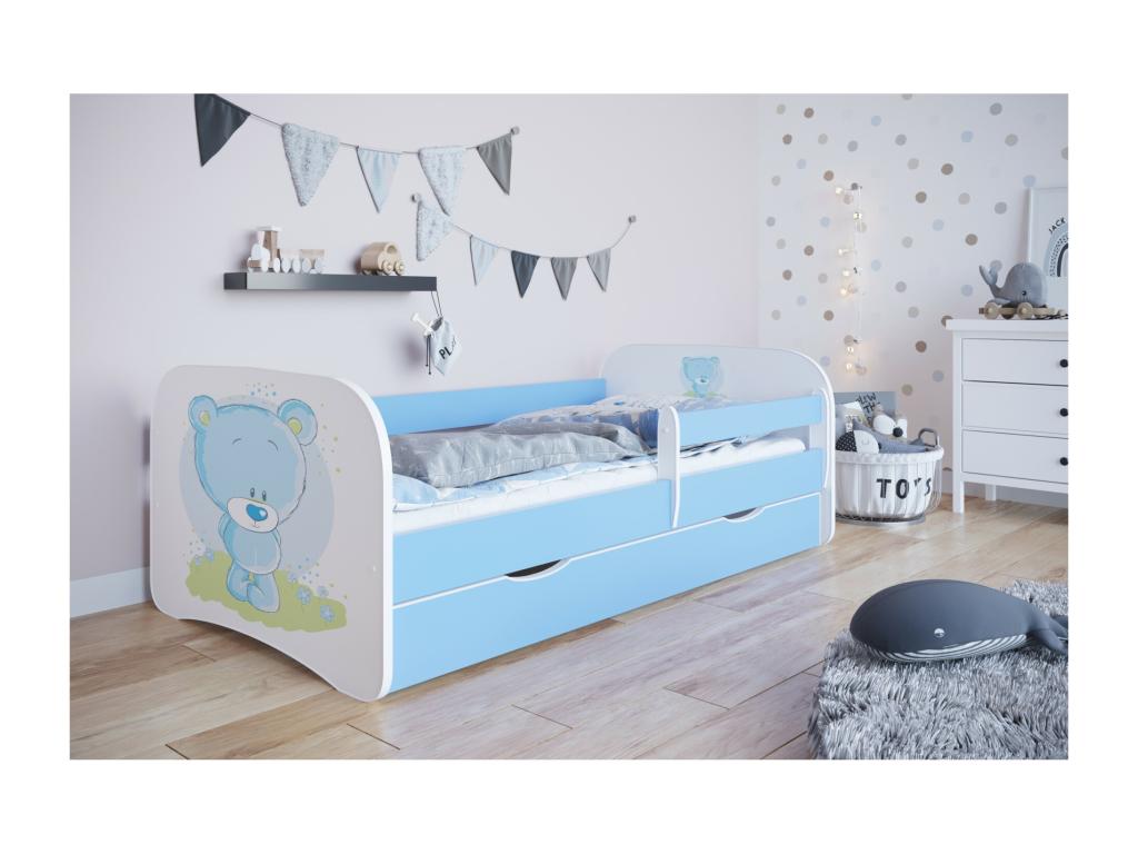 Children's blue teddy bear bed with slatted base and removable safety rail - Homzora foam mattress - 80x180