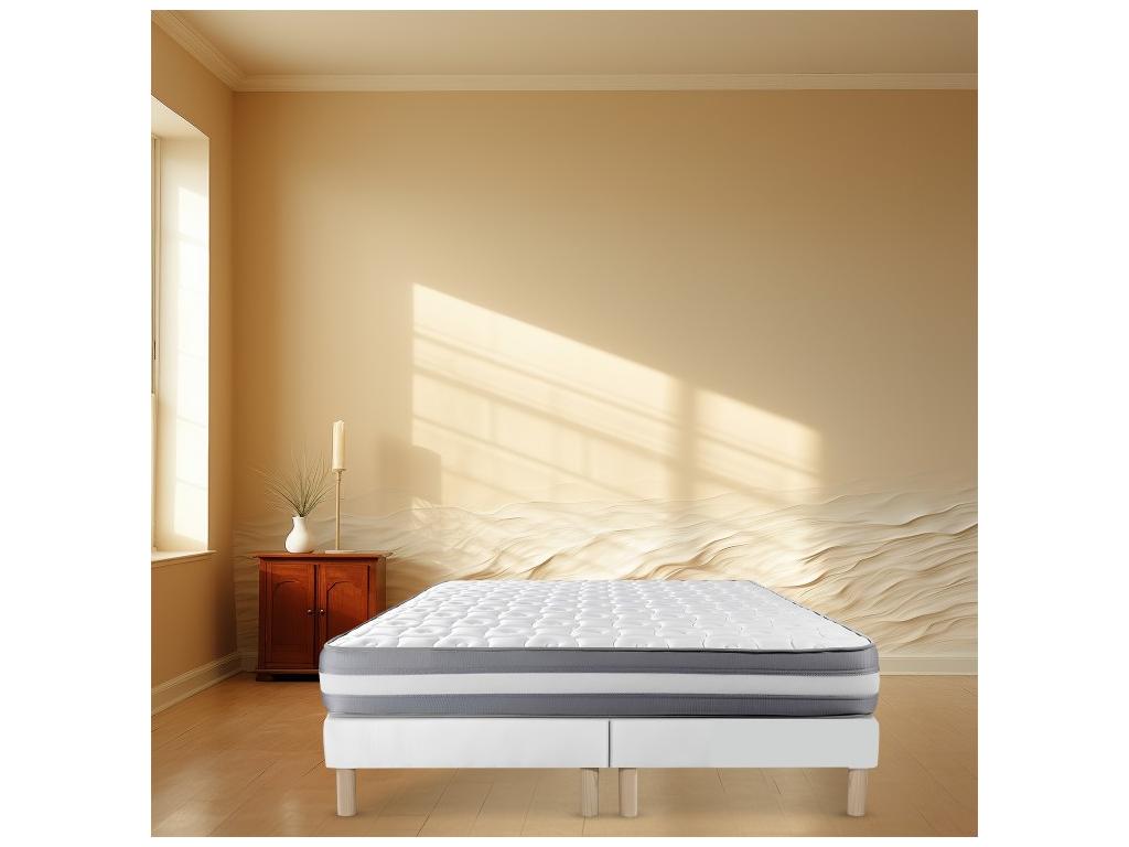 White upholstered bed base 70x200x2 or 140x200 cm - Handmade in France - Legs included - Height with legs: 27 cm