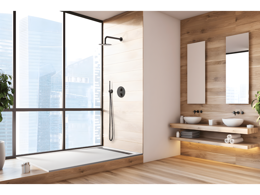 90x185 cm shower tray with side grate, Homzora Extra Slim white, made of synthetic resin and marble dust, with free waste
