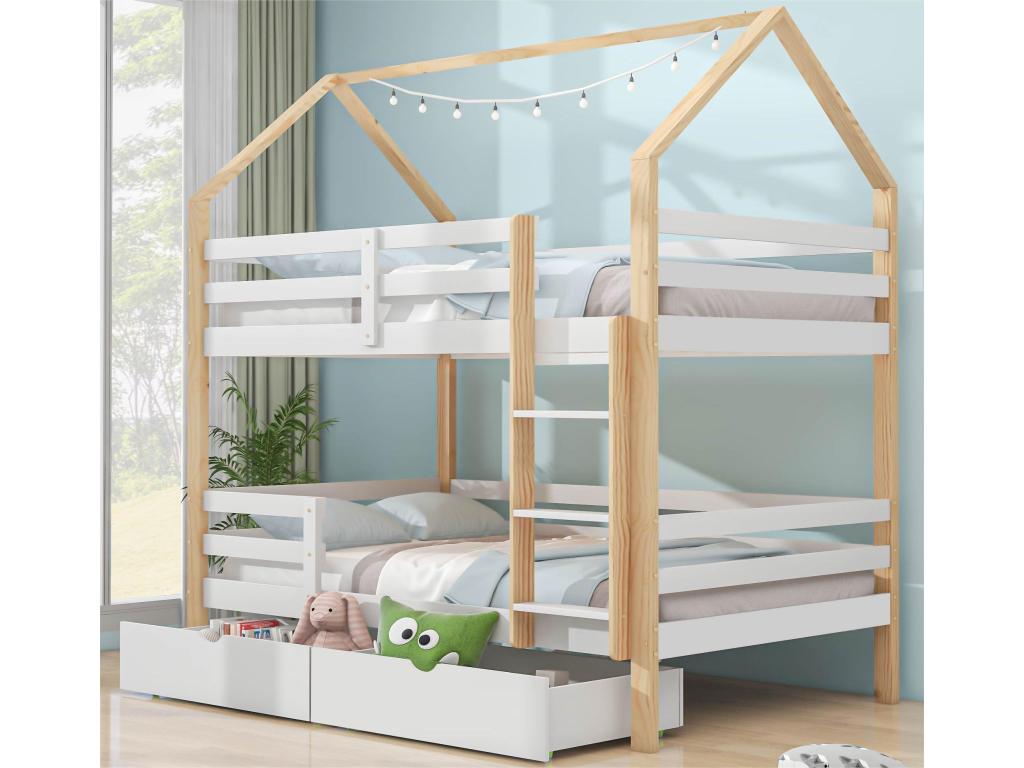 Bunk bed 90x200cm in pine wood - with 2 drawers and ladder - White
