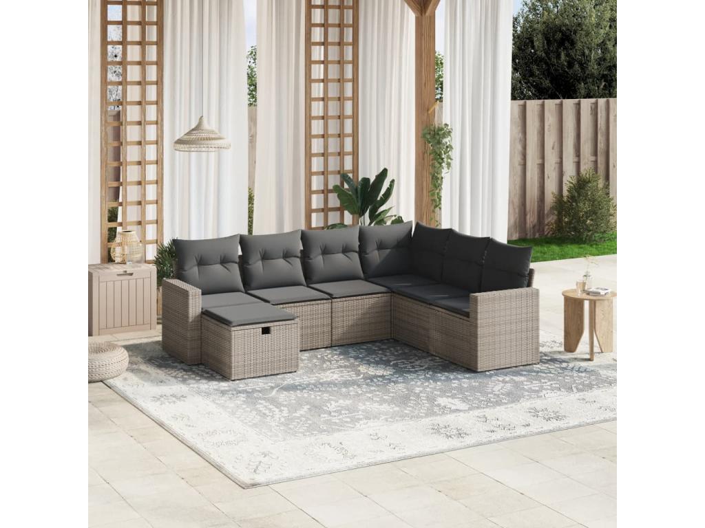 Garden furniture set with cushions, 7 pieces, grey woven resin