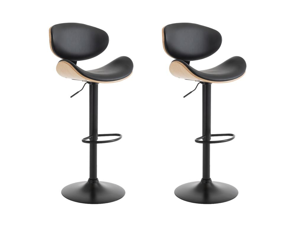 Set of 2 bar stools in faux oak veneer and metal - Adjustable height - Light natural and Black - MONTENEGRO