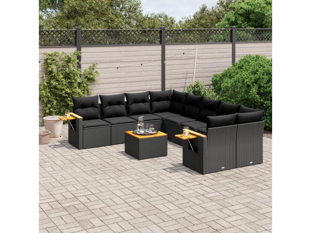9-piece garden furniture set with cushions, black woven resin