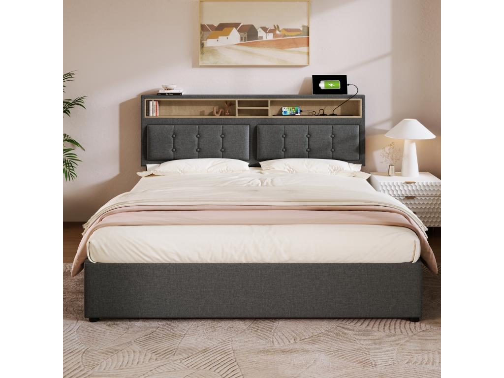 Upholstered Double Bed - 140x200 cm - With USB-C Port and Storage Space - Linen Headboard - Grey - Mattress Not Included