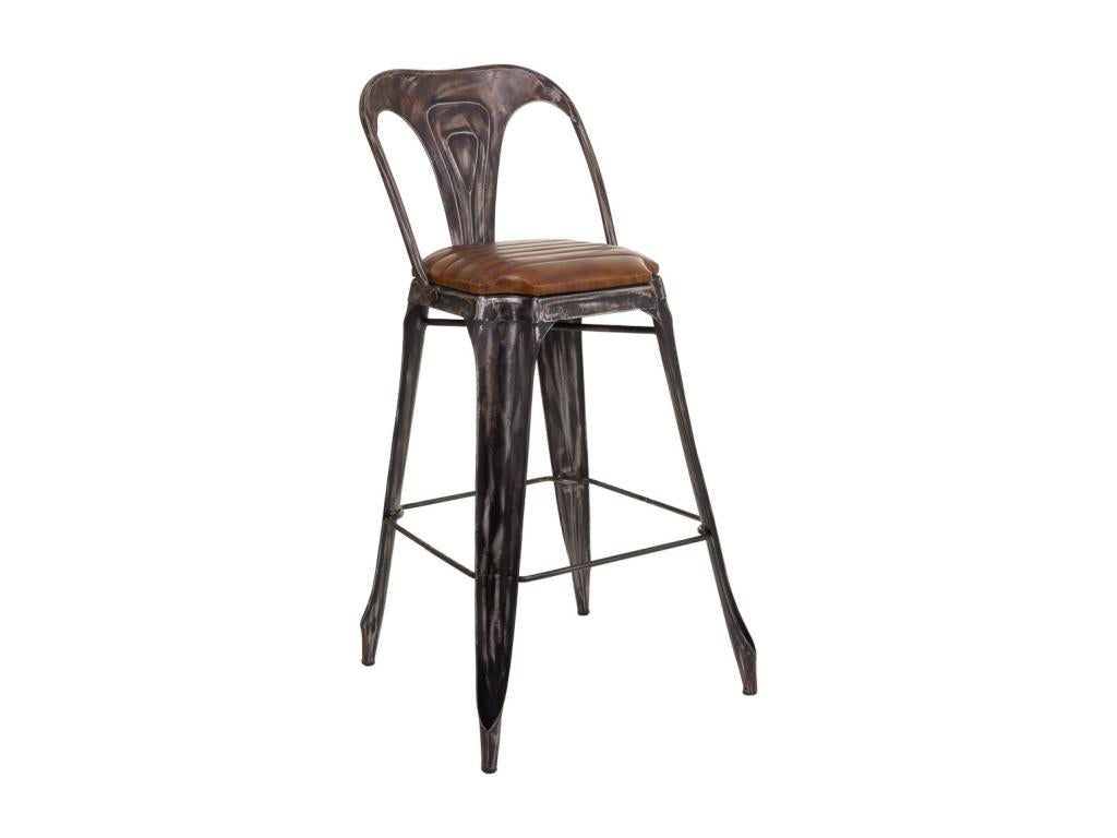 Metal and leather stool with brown backrest, 49x53x105h
