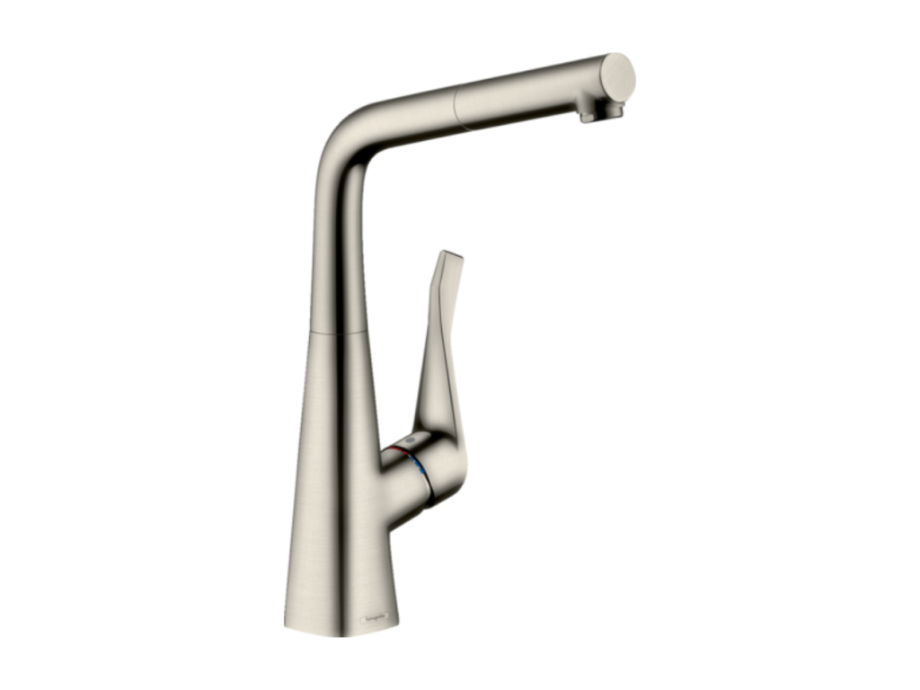 Homzora M71 320 sBox kitchen faucet with pull-out spray, stainless steel look
