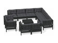 12-piece garden furniture set with cushions, black, solid pine wood