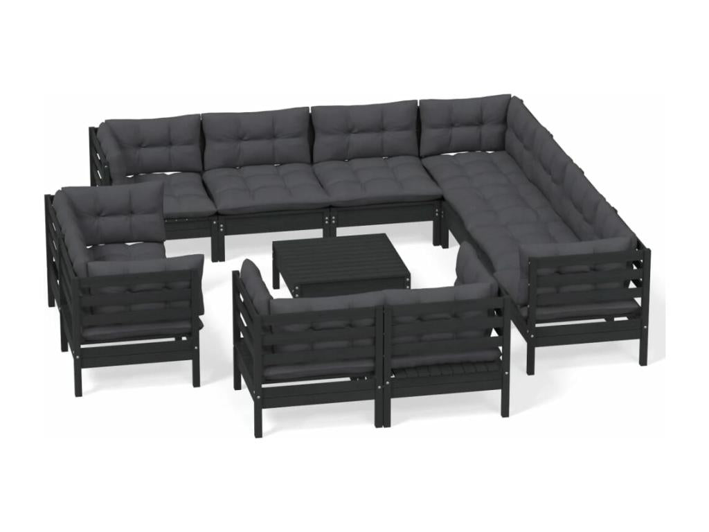 12-piece garden furniture set with cushions, black, solid pine wood