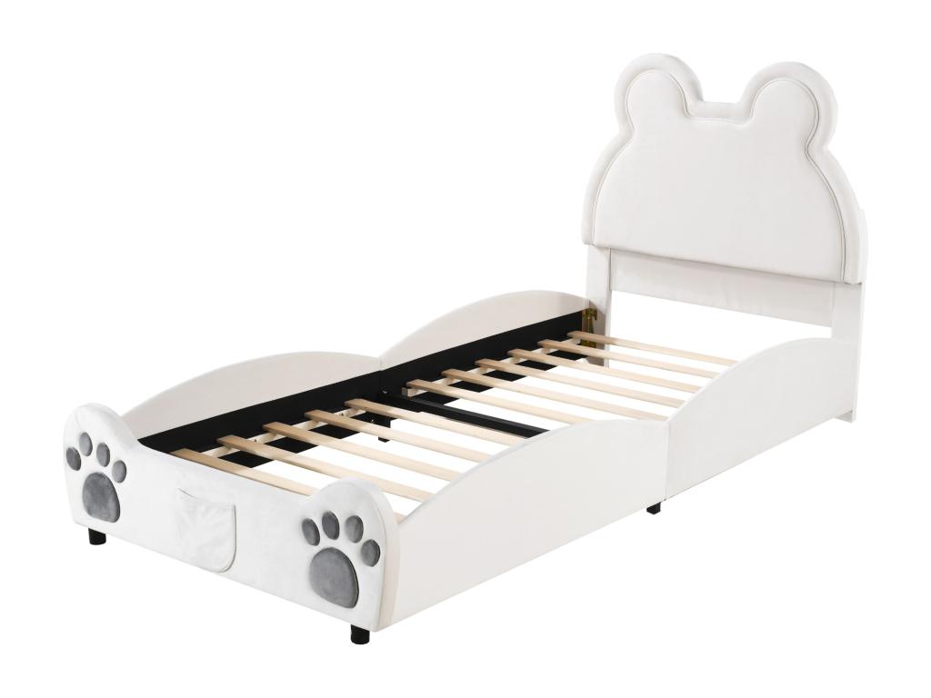 90x200cm Upholstered Bed, Beautiful Bear-Shaped Flat Single Bed in Velvet with Slatted Base and Headboard (Mattress Not Included) White