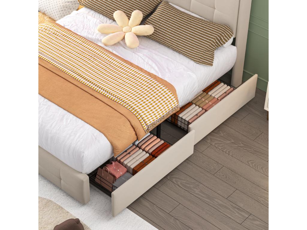 Upholstered double bed 140x200 cm Adult bed with pull-out bed, LED lighting, 2 drawers, USB ports and slatted base by Homzora - beige