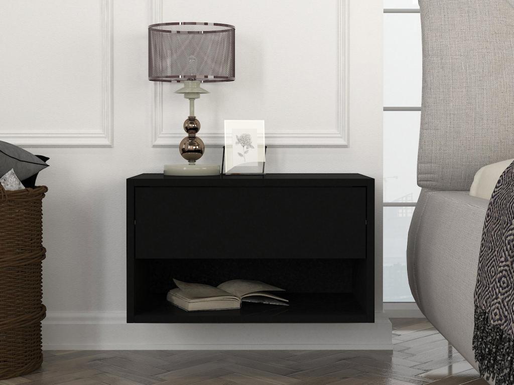 Set of 2 floating bedside tables - 1 drawer and 1 shelf - Black - Homzora