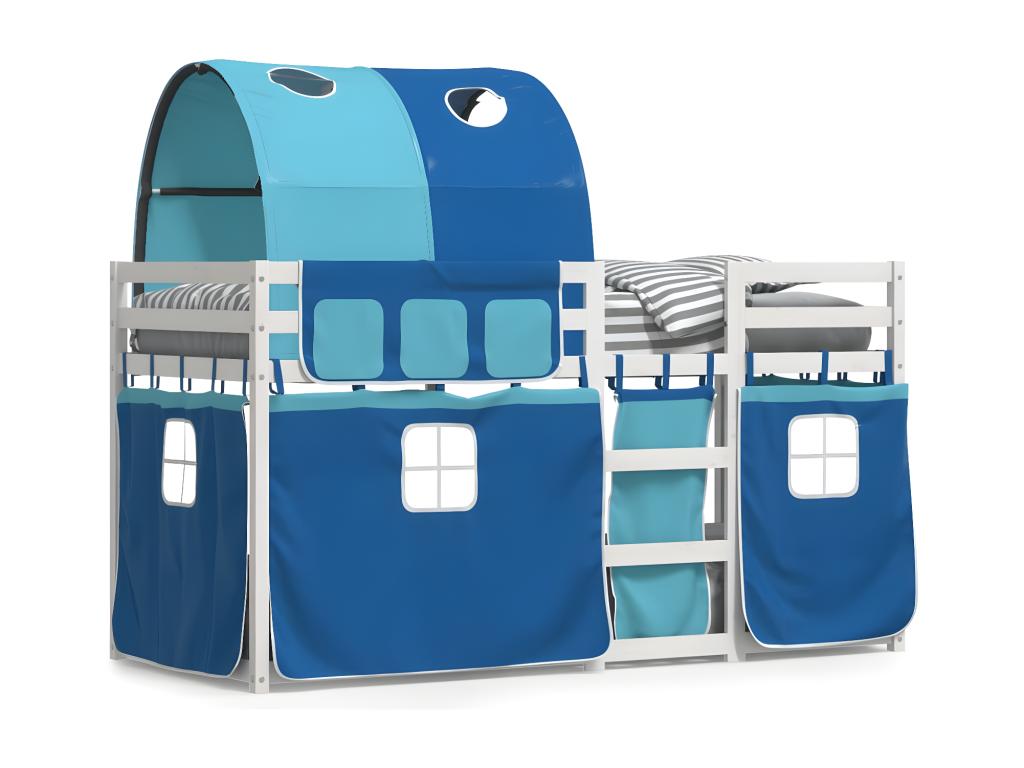 Bunk bed with blue curtains, 90x190 cm, solid pine wood