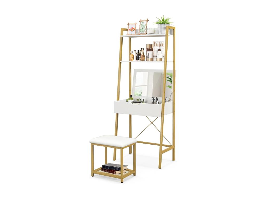 Dressing Table and Stool Set with Folding Mirror, Makeup Table with 2 Storage Shelves, Padded Stool, White and Gold