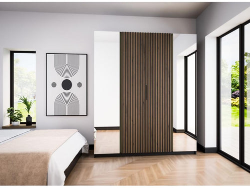 4-door wardrobe with slatted panels and 2 mirrors - 200 cm - Homzora oak/black - Homzora
