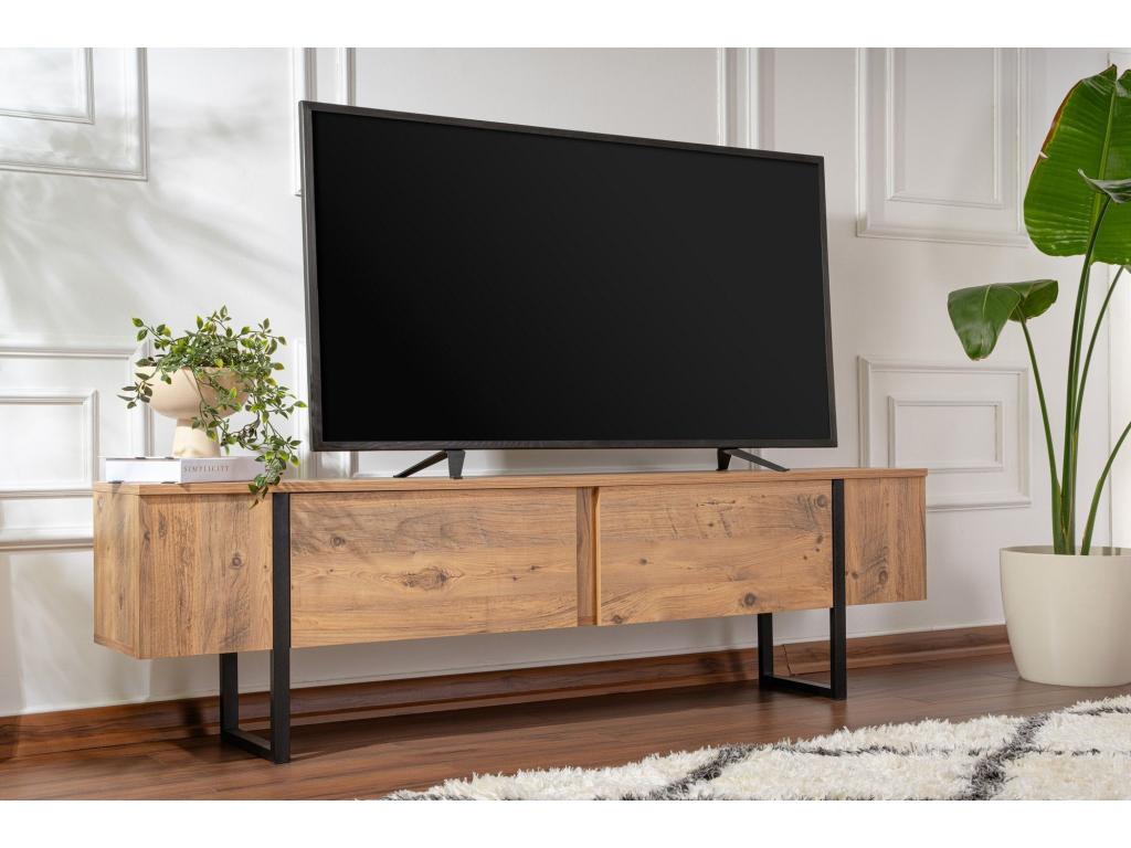 Doucezen Modern TV Stand with 2 Tilt-Down Doors, 180cm Wide, Dark Wood and Black