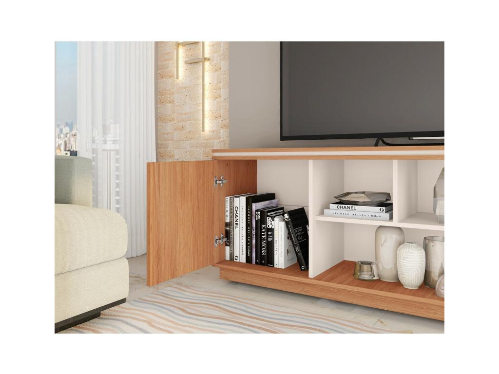 72-inch TV stand in oak and white with 2 doors, Homzora, W 180 cm, H 57 cm, D 38 cm
