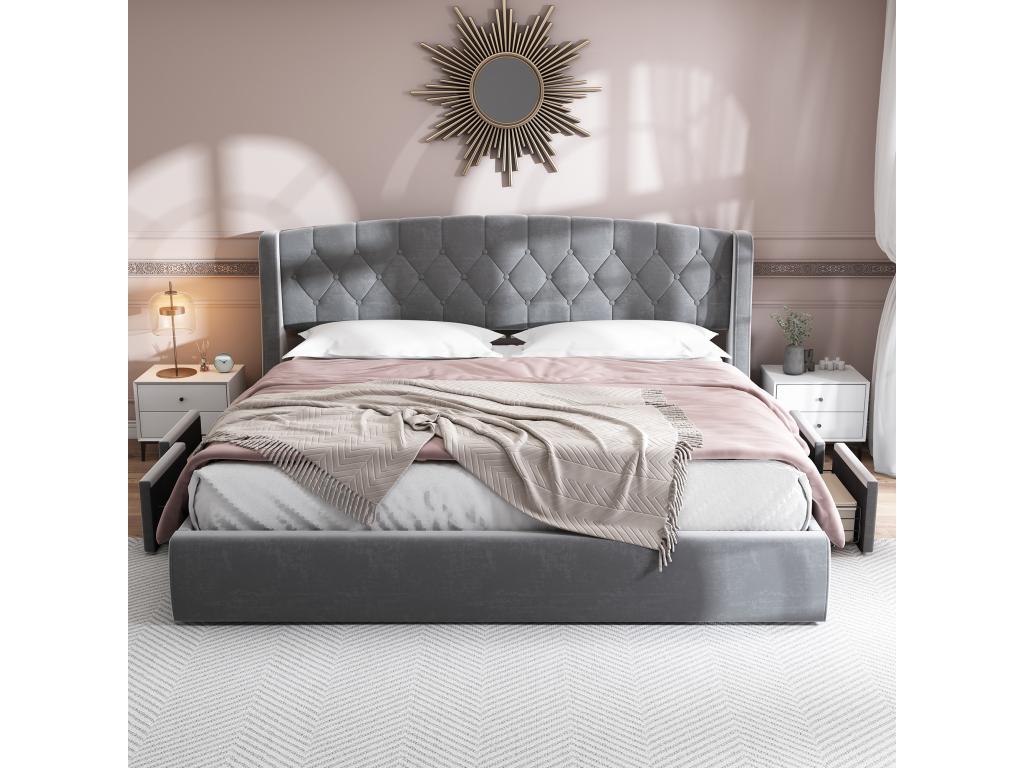 Upholstered bed 180x200cm in velvet - with 4 drawers - Grey