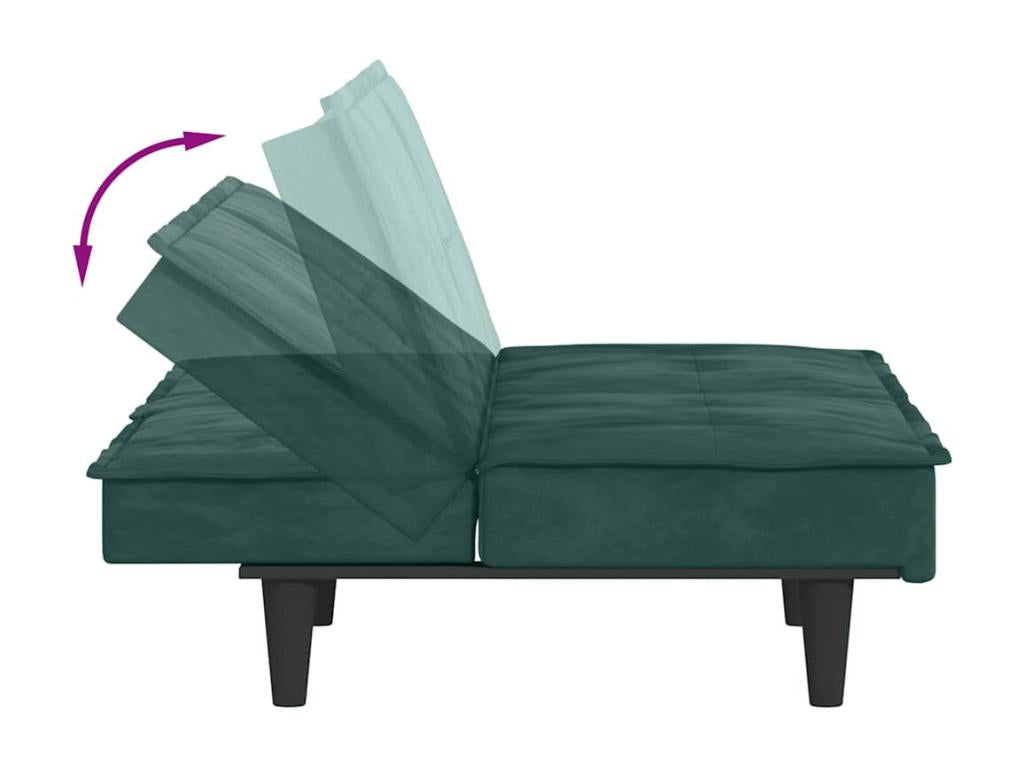 Sofa bed with cup holders, dark green velvet