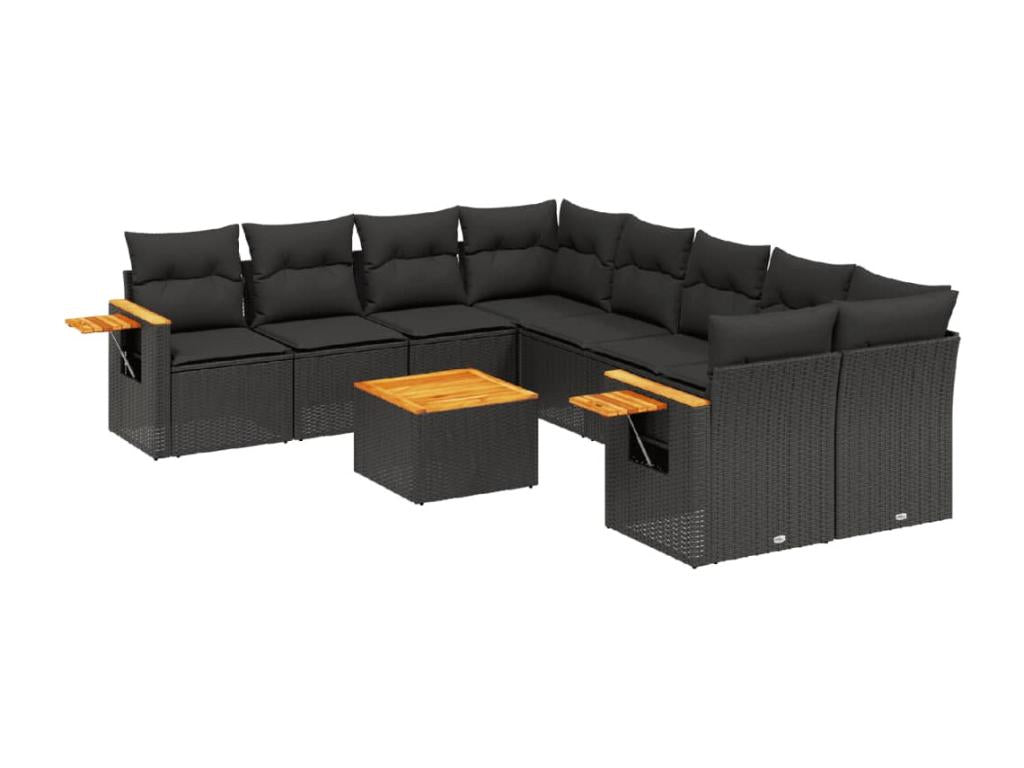 9-piece garden furniture set with cushions, black woven resin