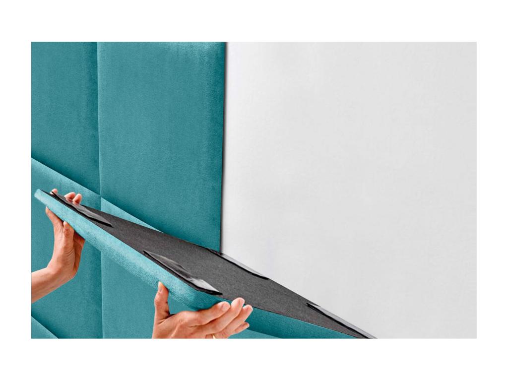 Homzora Aqualine fabric upholstered headboard composed of interchangeable self-adhesive bed panels for a luxurious turquoise bedroom, 200 cm