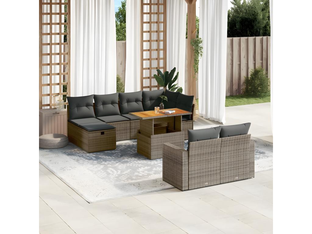 11-piece garden furniture set with grey resin wicker cushions